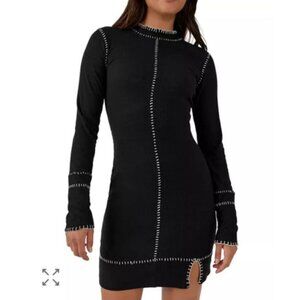 Free People Miranda Mini Dress Body Con M Black Stitch Detail  NWT